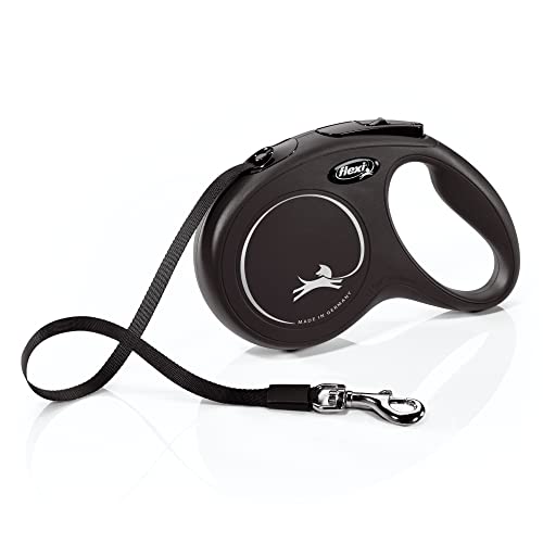 FLEXI New Classic Tape Retractable Dog Leash for Medium Dogs Upto 55 lbs. – 16 ft., Black | Tangle Free Pet Walking Leash with One-Handed Brake, Pause, Lock|German Quality Product