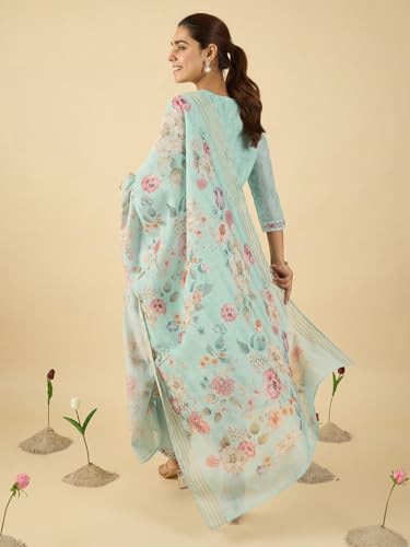 Image of INDO ERA Women's Straight Linen Floral Embroidered Kurta & Pant With Dupatta Set (IESTR10644)