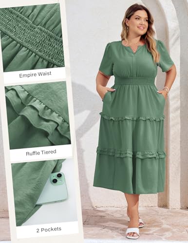 Image of Hanna Nikole Women's Plus Size Summer Casual Dress 2025 V Neck Empire Waist Tiered Flowy Beach Vacation Dress with Pockets