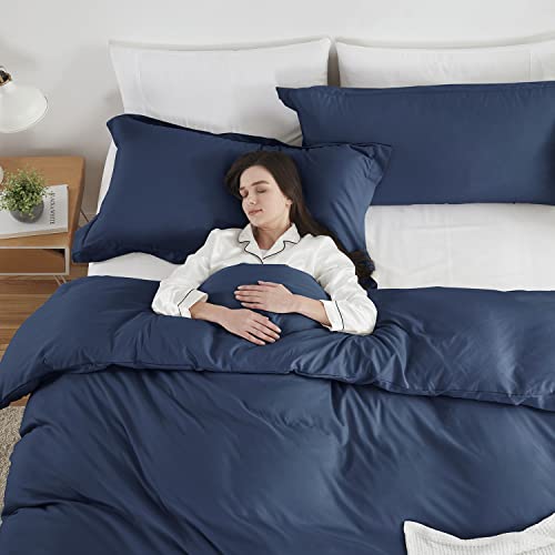 Image of Hearth & Harbor Navy Blue Duvet Cover Cal King Size, 3 Piece Bedding Set | Soft Double Brushed Bedding Set, Button Closure, 1 Duvet Cover 104x98 Inches, 2 Pillow Shams