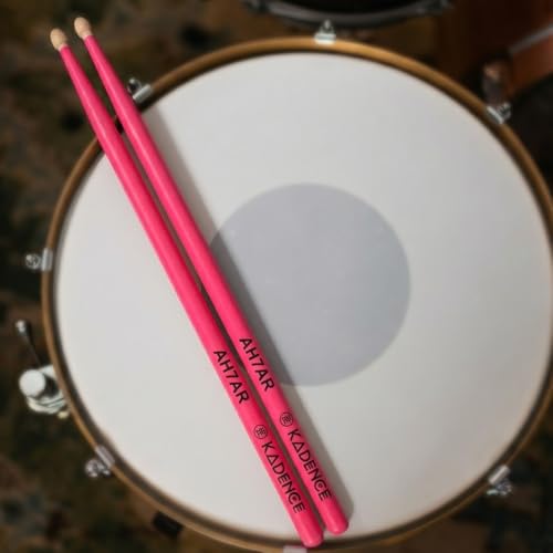 Image of Kadence AH7AR Touring Series Neon 7A Drumsticks | Premium American Hickory Wood | Acorn Tip with Smooth Matte Finish | Includes Protective Plastic Case | Pink