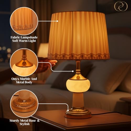 Image of ELARE Marble & Metal Base Table Lamp with Pleated Fabric Shade for Bedroom & Living Room | Modern Decorative Bedside Night Lamp for Home Decor, Study Table & Office | Premium Designer Table Light