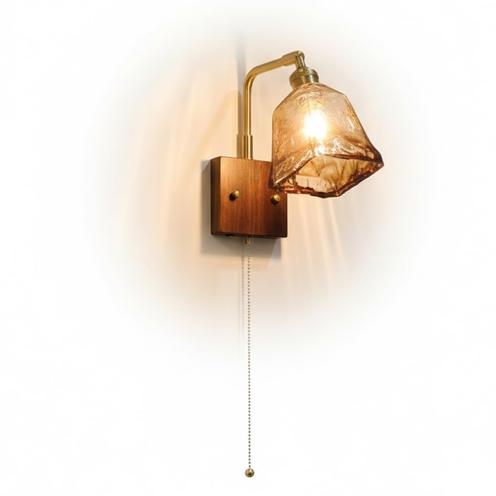 NHPJFDC Modern Nordic Brass & Wood Wall Sconce, Adjustable Amber Textured Glass Shade Wall Light Fixture, Hardwired E26 Pull Chain Bedside Lamp, Mid-Century Reading Light for Bedroom