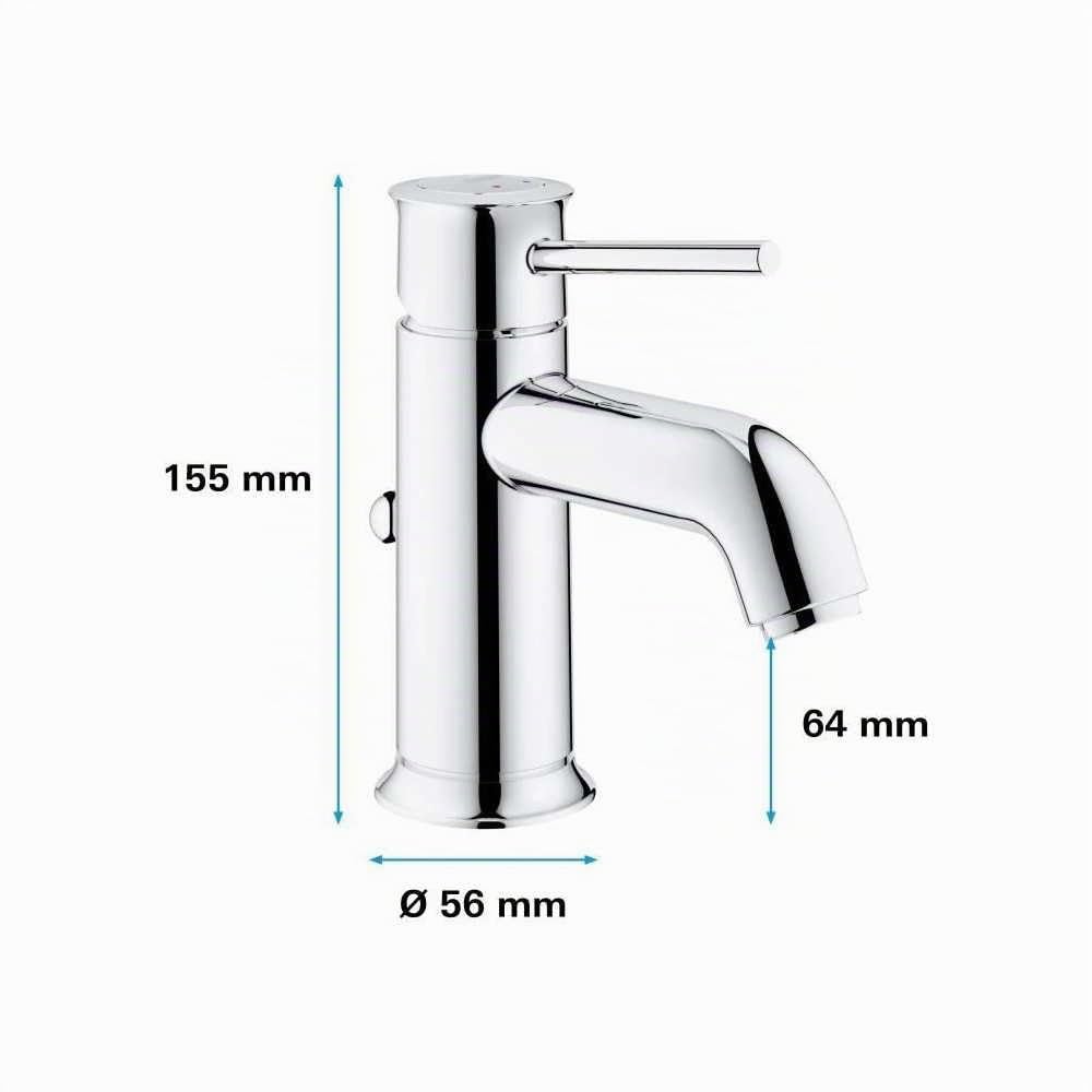 Grohe Start Classic QuickFix- Grifo de lavabo monomando S (vaciador automático, menor consumo de agua, instalación rápida, altura 155mm), cromo, 23810000