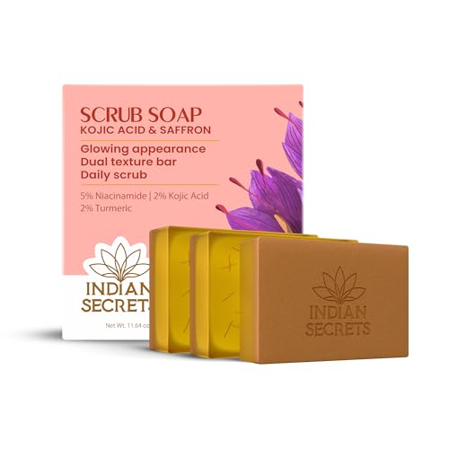 Image of Kojic Acid & Saffron Detan Scrub Soap With Turmeric & Niacinamide | Skin Brightening Soap | Dark Spots, Pigmentation & Tan Removal Bathing Soap For Men & Women (Pack of 3)