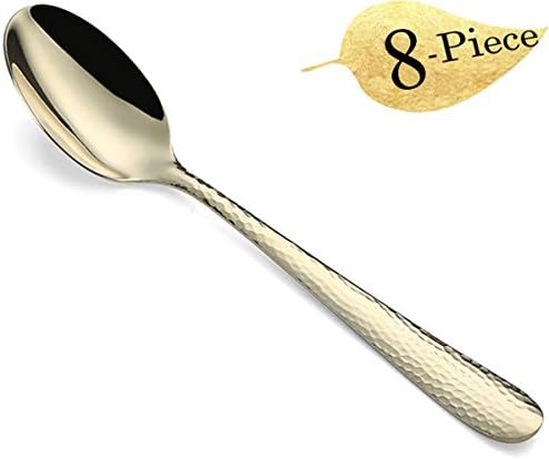 Gold 8-Piece Dinner Spoons Set, Hammered 7.5-inch Stainless Steel Golden Table Spoons Flatware Silverware Sets Cutlery Utensils Set for 8, Dishwasher Safe