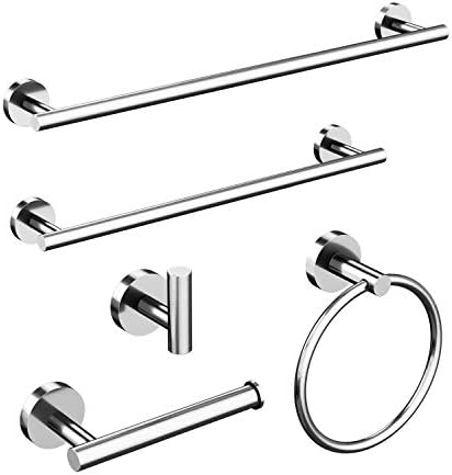 USHOWER 5-Piece Polished Chrome Bathroom Hardware Set, Includes 24 Inch Towel Bar, Modern Bathroom Accessories, Durable 304 Stainless Steel
