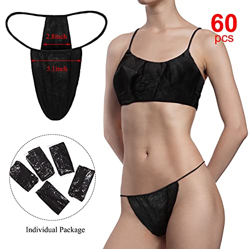 Chumia 60 Pieces Disposable Thong Panties Spa Spray Tanning Wraps Underwear Disposable Bikini Thong Panties for Woman (Black)2