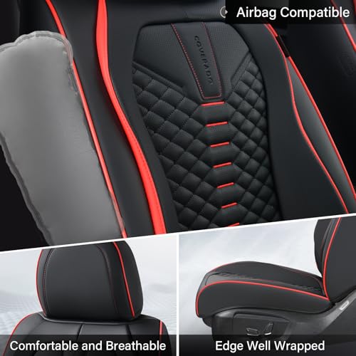 Image of Coverado Car Seat Covers, Front Seat Cover, Waterproof Nappa Leather Seat Covers for Cars, 2 Pack Car Seat Protectors, Driver Seat Cover, Automotive Seat Covers Universal Fit for Most Cars, Black&Red