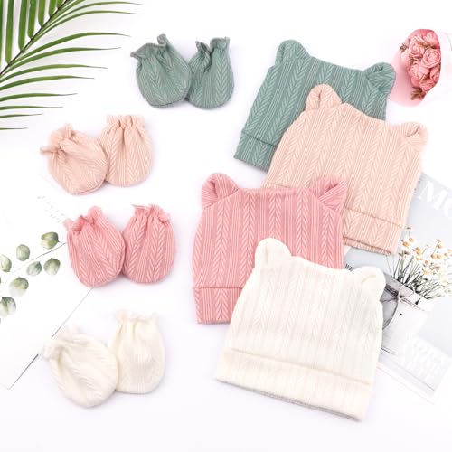 Image of BQUBO Newborn Baby Hats Bear Ears and Mittens Sets Preemie Caps Baby Boy Girl Infant Hospital Beanie for 0-3 Months