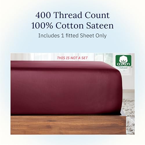 California Design Den Cotton Fitted Sheet Twin XL, Soft 400 Thread Count 100% Cotton Sateen, No Pop-Off Elastic, Deep Pocket Cooling Sheets, Durable Fitted Sheet Only (Twin XL, Burgundy Red)