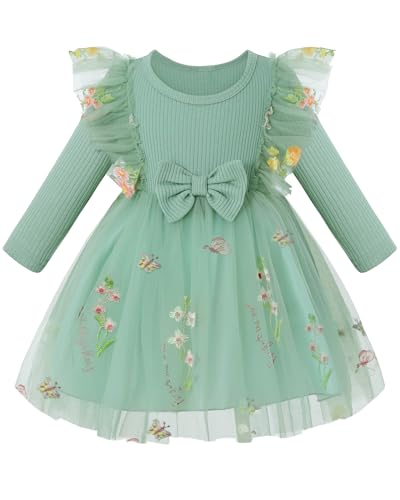 Amissz Robe longue pour filles à fleurs à manches longues Tutu - Robes brodées florales pour enfants - Pour mariage, concours de beauté, demoiselle...