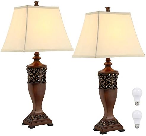 ARPENTER 30" H Bedside Table Lamp Set of 2 for Living Room or Bedroom, 9.5W Led Bulbs Included, Large Traditional Wood Finish Vintage Table Lamps for Family Room