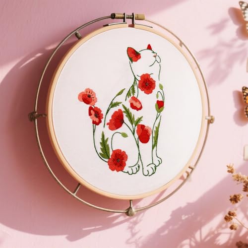Image of Crafmanoe Cat Embroidery Kits for Beginners Adults, Flowers Embroidery Starter Kits, Counted Cross Stitch Kits for Beginners Adults Hobbies Set for Women, Embroidery Hoops, Thread and Video Tutorial
