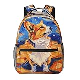 MIEPOS Corgi Dog Backpack with Cushioned Straps for Laptop Tablet,11.4×5.9×15.7in,Abstract Puppy Oil Painting Style Back Pack for Travel School,Multi-Pocket Storage Bookbag,Ideal Gifts for Students
