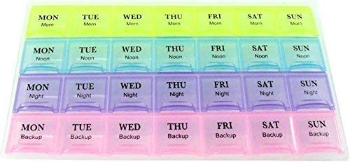 JD SHOP 7 day 28 Slot Weekly Pill Box Medicine Tablet Holder Dispenser Holder Storage.(Multi-color)