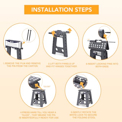 Image of Delxo 16 Inch Folding Step Stool,Foldable Stool for Adults with Safety Lock,Portable Collapsible Plastic Stepstool,Non Slip Folding Stools for Kitchen Bathroom Bedroom Up to 400LBS,(Dark Grey 1PC)