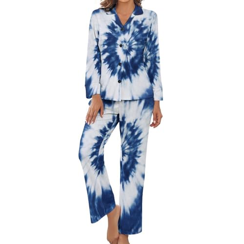 Pyjama grande taille pour femme à manches longues imprimé tie-dye abstrait veste boutonnée