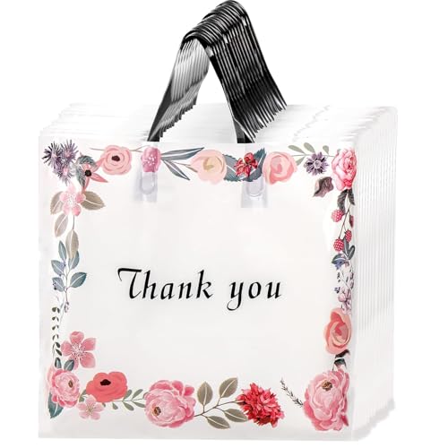 SOUJOY 60 Pack Thank You Bag, Plastic Shopping Bag with Handles, 14'' x 12'' Spring Flowers Reusable Merchandise Bags, Gift bag for Boutique, Clothing, Retail, Party
