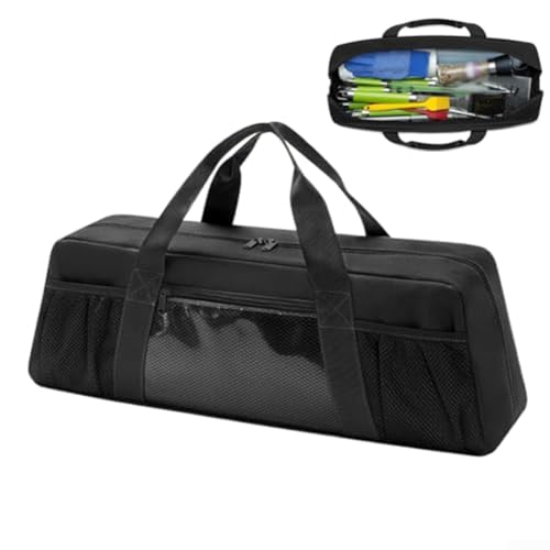 Shophubio Soporte portátil de acero inoxidable para utensilios de parrilla, bolsa de almacenamiento de herramientas de barbacoa resistente, plegable para cocinar al aire libre con doble vista de malla