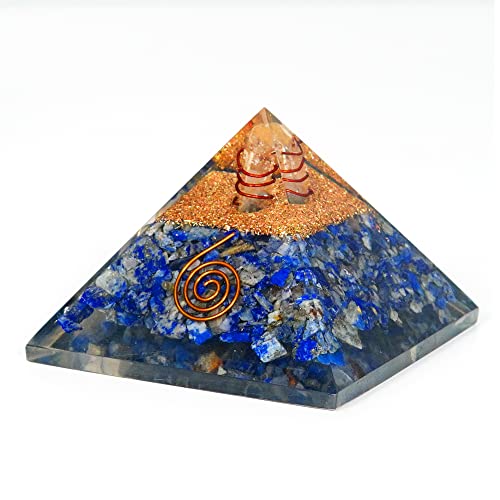 Cristales curativos Piedras de chakra Protección Emf Pirámide de órgano, meditación energética Reiki Generador de iones negativos Pirámide para energía positiva con cuarzo y cobre (Lapis Lazuli Cover