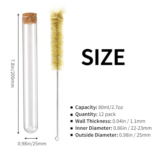 DEPEPE 12pcs 80ml Test Tubes, 25x200mm Glass Test Tubes with Cork for Plants, Bath Salts, Party Decoration