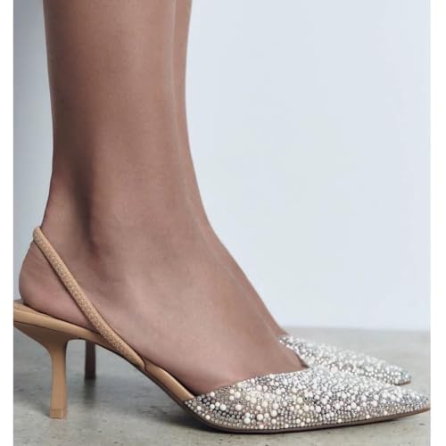 MRKEWUNEY Fashion Rhinestone Clear Slingback Pumps Shoes for Women Pointed Toe PVC Kitten Heels2