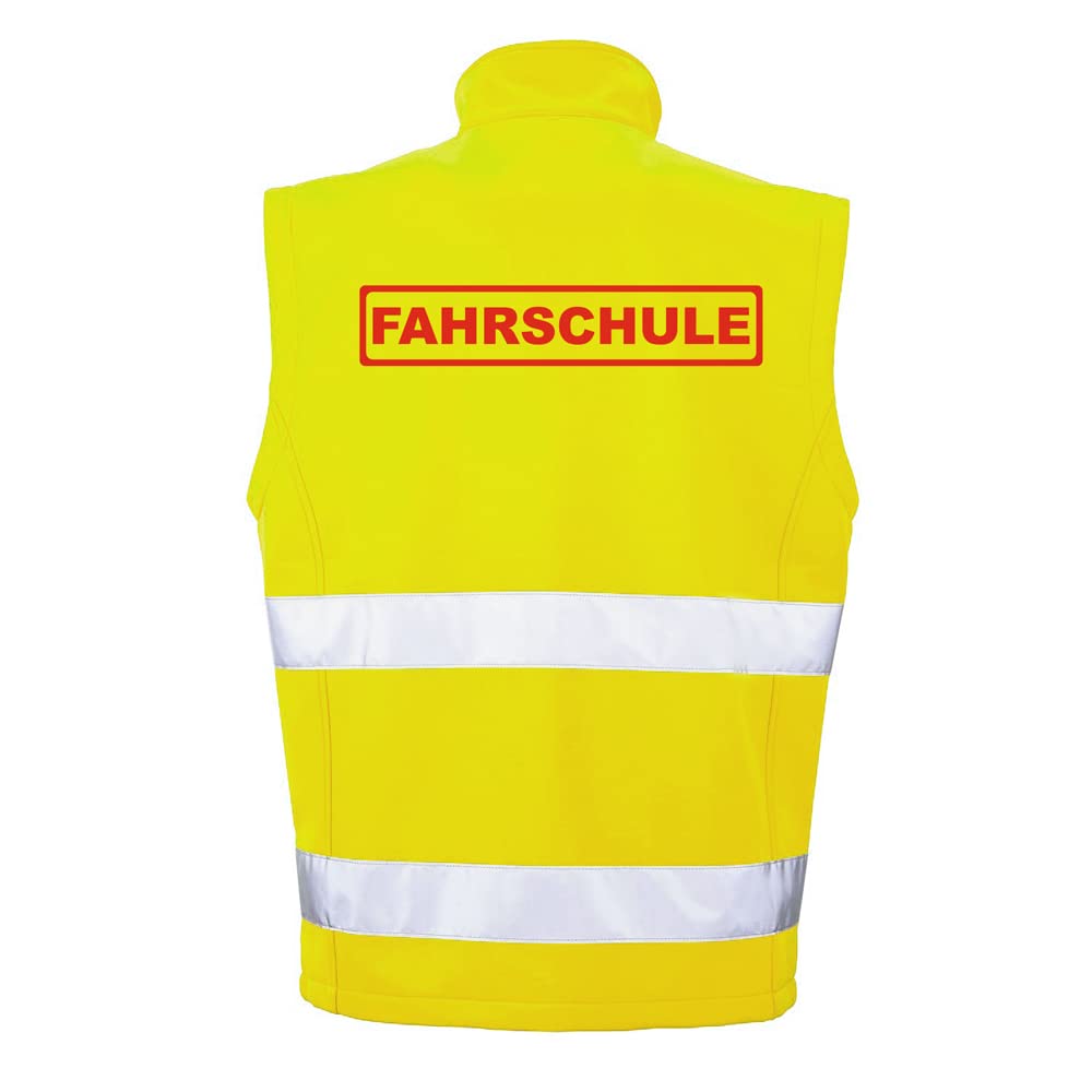 FAHRSCHULE Sicherheitsweste GELB aus Softshell - Gelb Warnweste nach EN ISO 20471 zertifiziert - Unisex und hochwertigem Reflektorstreifen