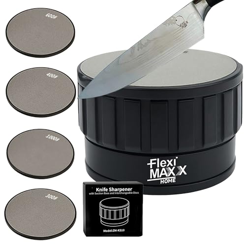 Fleximaxx Home Profi Messerschärfer – Rollschleifer mit 2 wendbaren Scheiben (300/400/600/1000) – Diamant Schleifstein mit Saugnapf-System –...