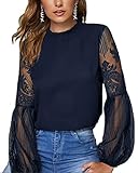 datasy Damen Blusen Elegant Spitze Oberteil Durchsichtig Ärmel Shirts Langarm Rundhals Basic Tops Langarmshirt Blau M