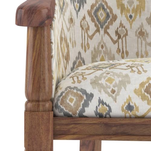 Image of Sheesham Wood Barrel Accent Chair with Floral Fabric Upholstery Teak Finish Handcrafted Wooden Lounge Chair with Backrest (Mustard Mist Ikat)