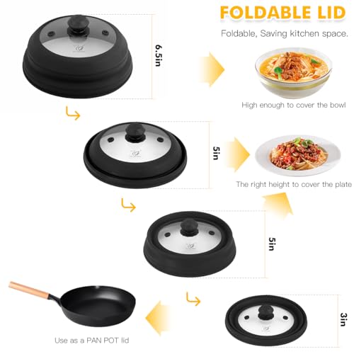 Image of Microwave Splatter Cover Vented Glass Splatter Guard Lid with Collapsible Silicone for Food as Pot Cover 11.8 inch Large Plate for 6 7 8 9 10 11 inch Plate Bowl Black