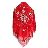 Mantones de flamenca mujer Estilo Mantón de Manila Mantones bordados Mantón grande típico baile flamenco Feria de Abril Sevilla El Rocío, Rojo Gran Flor Multicolor (160 x 85cm)