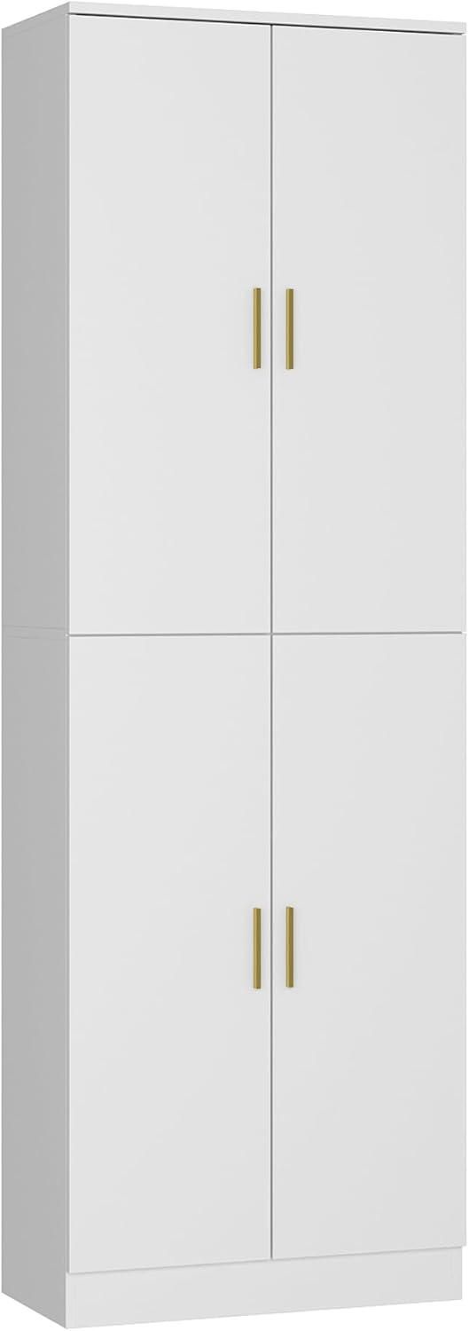 6-Tier Storage Cabinet with Adjustable Shelves, Wooden Kitchen Pantry Freestanding Cupboard with 4 Doors for Living Room Kitchen Garage, White, 11.8" D x 23.2" W x 70.9" H