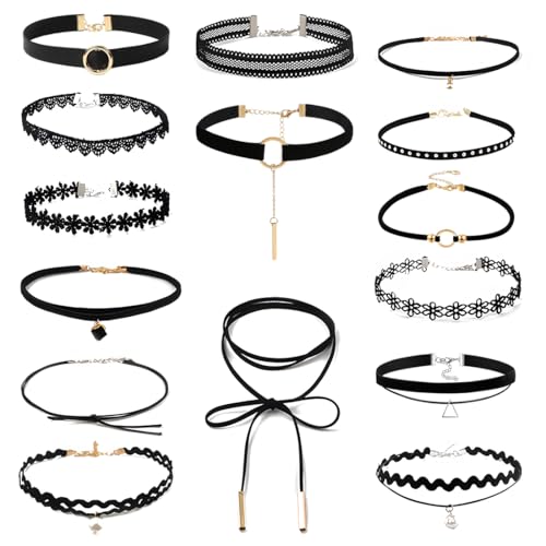 JEYORZY Choker Collares,15 PCS Choker Gargantillas Mujer, Collar Negras Gothic, Collares de Terciopelo Estilo Gótico Gargantilla Collar Gotico Negra Damas Moda de Terciopelo Elástico Negra para Damas