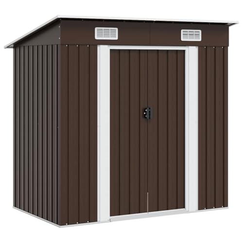 vidaXL Capanno per Attrezzi da Giardino Ventilato Ingresso a Scorrimento Robusto Casetta da Esterno Magazzino Marrone 194x121x181 cm in Acciaio