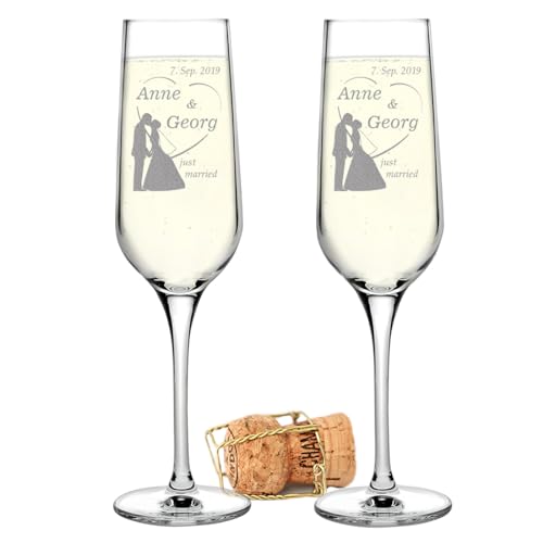 Lot de 2 verres à champagne avec gravure - Cadeau d'anniversaire de mariage pour les jeunes mariés - Pour mousseux, champagne et prosecco - Décoration personnalisée avec nom et date - Idée cadeau pour