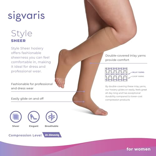 Image of SIGVARIS Women's Style Sheer 780 Open Toe Calf-High Socks 20-30mmHg - Warm Sand - Medium Long