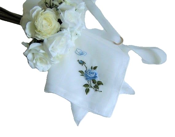 Shree adodhya Embroidered Wedding Handkerchief – White Hand-Stitched Floral Hankie with Blue Rose, Bridal Shower Keepsake Gift Set of 2.-image-16