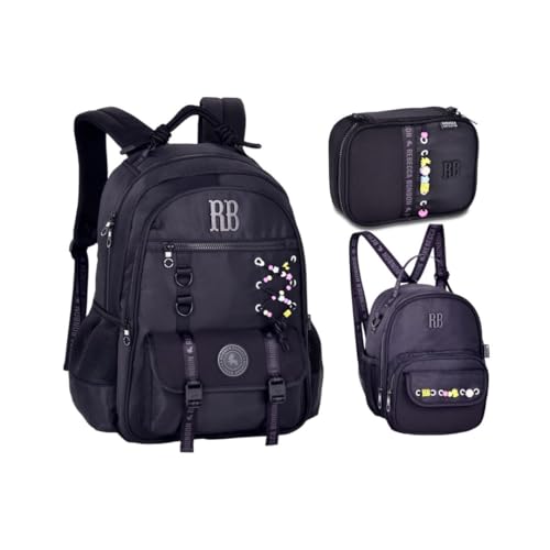 Kit Mochila Lancheira e Estojo Rebecca Bonbon Beaded Fun Com Cadarço RB27426 (Preto)