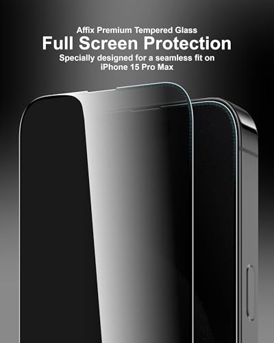 Image of Affix 2 Pack for Privacy iPhone 15 Pro Max Full Coverage Tempered Glass, Screen Protector Guard with Easy Fix Installation Tool, 9H Hardness Shatterproof, HD Clear Scratch Resistant