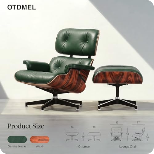 Image of Luxury Top Green Grain Leather, Mid Century Chaise Lounge Chair and Ottoman, Modern Chair Classic Design, Rosewood, Heavy Duty Base Support for Living Room Office