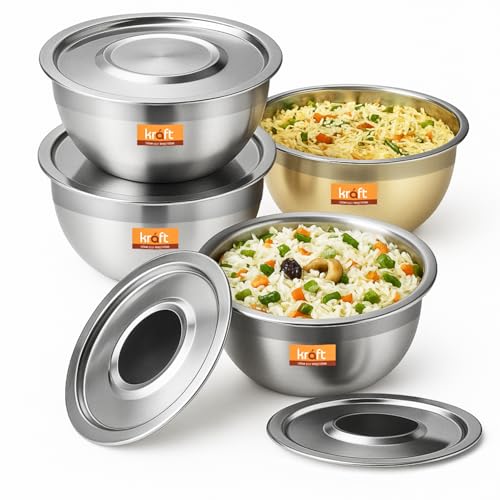 Image of Vinod Kraft Stainless Steel Serving Bowl with Lid Set of 4 pcs - 18cm | Mixing Steel Big Bowl | Salad, Fruit, Desert, katori Set | Matt Finish, Food Grade | 2 Year Warranty - Silver