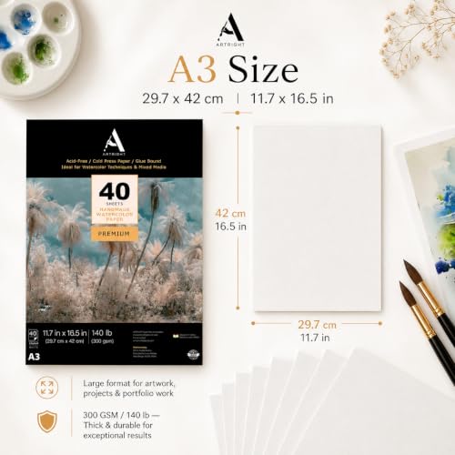 Image of ArtRight Artists' Watercolor Paper A3 300 GSM - 40 Sheets of Handmade Rough Grain Water Colour Papers for Watercolour, Acrylic, Gouache, Ink & Mixed Media