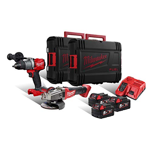 Milwaukee M18 FPP2D2-503X Set, mit M18 FPD2 Schlagbohrschrauber, M18 CAG125X Winkelschleifer, 3x 5Ah Akku, Lader, 2x HD…