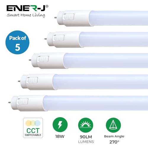 ENERJ T8 LED Tube Light 120cm (4ft) - 18W Pack of 5, CCT Switchable 3000K/4000K/6000K, Nano Plastic, 270° Beam, Flicker-Free, Fluorescent Replacement with LED Starter Included [5-Pack] - Image 5