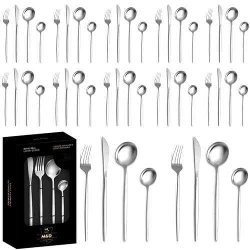 Image of Sterling Silver Silverware Set | Satin Finish French Style 48-Piece Stainless Steel Flatware Set with Giftable Box | Dishwasher Safe Tableware for Home, Restaurant & Corporate Gifting
