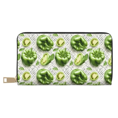 Realistic Green Pepper Print Wallet Women Men, Long PU Leather Wallets for Women, Cute Womens Travel Wallet Purse Pouch with Zipper Pocket