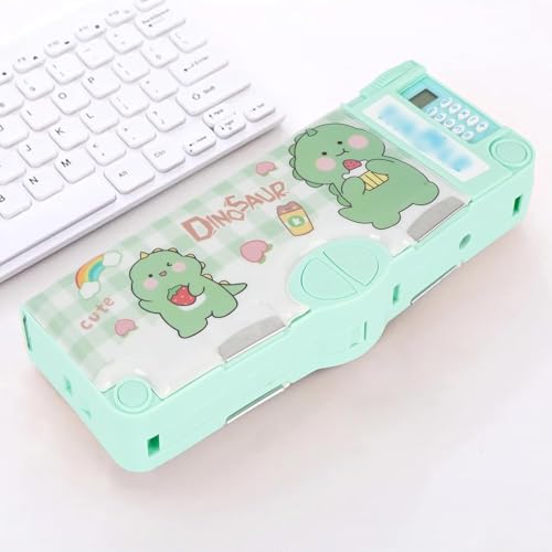 Image of KiddieWorld School Students Pencil Box with Calculator Cute Cartoon Stationary Compass for Boys Geometry Box with Inbuilt Scissor Ruler & Sharpener Magnetic Box Best Gifts (Dino Calculator)