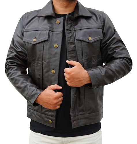 Image of Vintage Style Trucker Jacket Men - Classic Fashion Motorcycle Leather Jacket for Men Collar Jackets For Mens